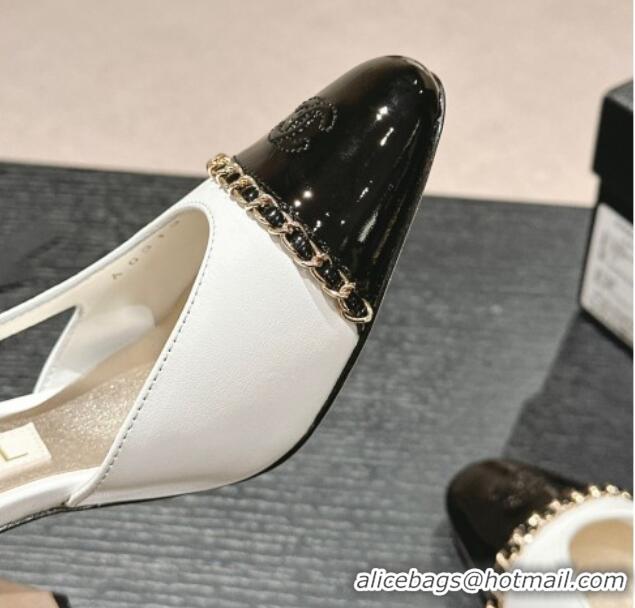 Top Design Chanel Lambskin & Patent Calfskin Slingback Pumps 9cm with Chain White 603028