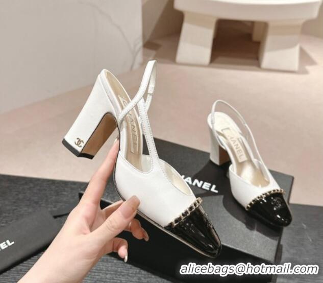 Top Design Chanel Lambskin & Patent Calfskin Slingback Pumps 9cm with Chain White 603028