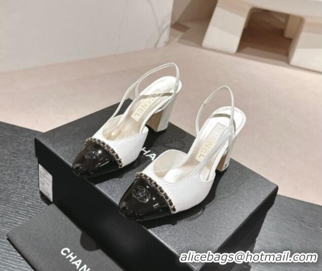 Top Design Chanel Lambskin & Patent Calfskin Slingback Pumps 9cm with Chain White 603028