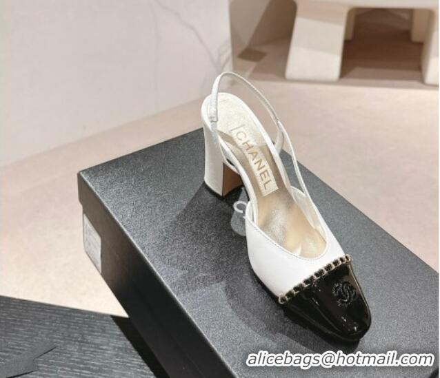 Top Design Chanel Lambskin & Patent Calfskin Slingback Pumps 9cm with Chain White 603028