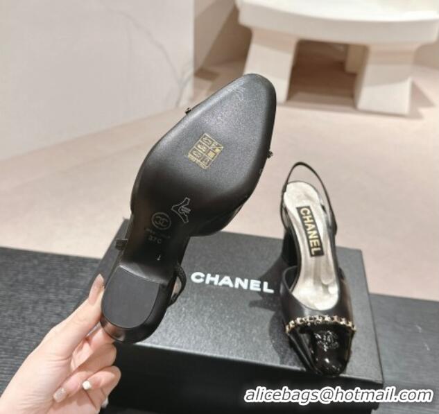 Sumptuous Chanel Lambskin & Patent Calfskin Slingback Pumps 9cm with Chain Black 603029