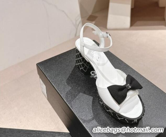 Sophisticated Chanel Calfskin Heel Sandals 7.5cm with Bow and Quilted Strass White 603030