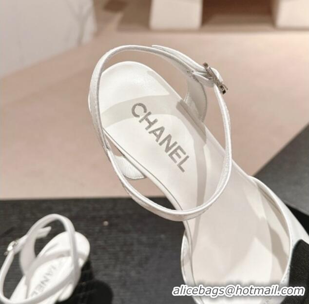 Sophisticated Chanel Calfskin Heel Sandals 7.5cm with Bow and Quilted Strass White 603030