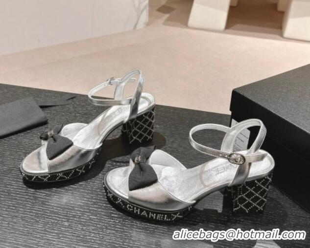 Stylish Chanel Calfskin Heel Sandals 7.5cm with Bow and Quilted Strass Silver 603031