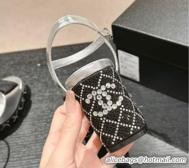 Stylish Chanel Calfskin Heel Sandals 7.5cm with Bow and Quilted Strass Silver 603031