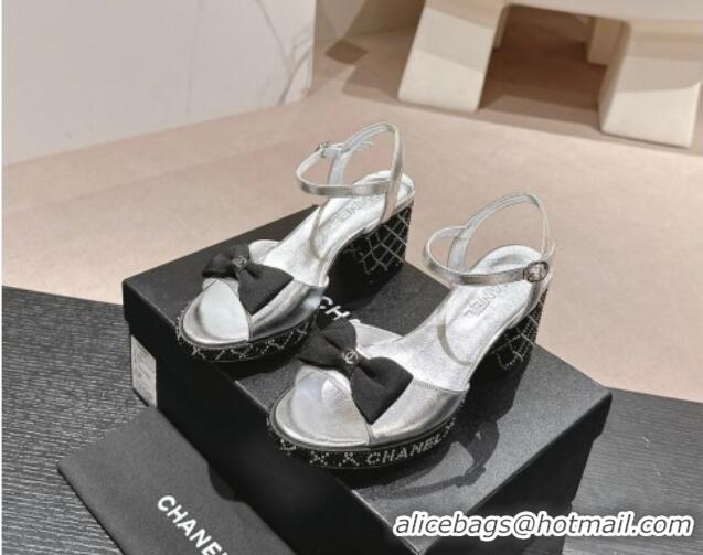 Stylish Chanel Calfskin Heel Sandals 7.5cm with Bow and Quilted Strass Silver 603031