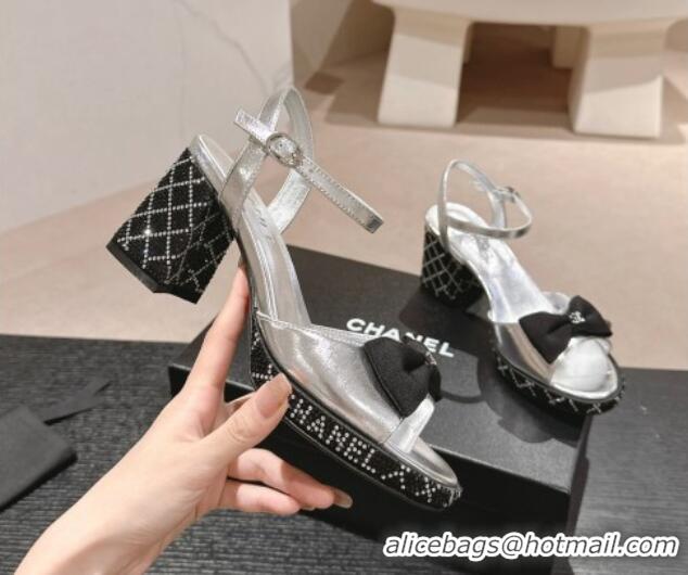 Stylish Chanel Calfskin Heel Sandals 7.5cm with Bow and Quilted Strass Silver 603031