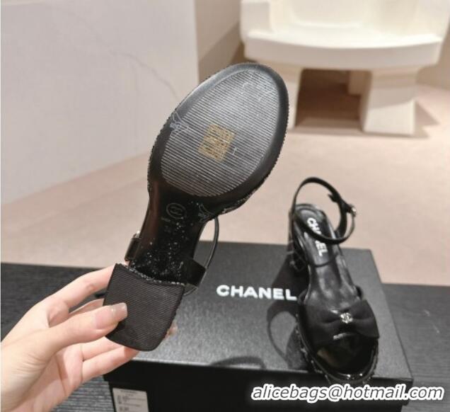 Fashion Chanel Calfskin Heel Sandals 7.5cm with Bow and Quilted Strass Black 603032