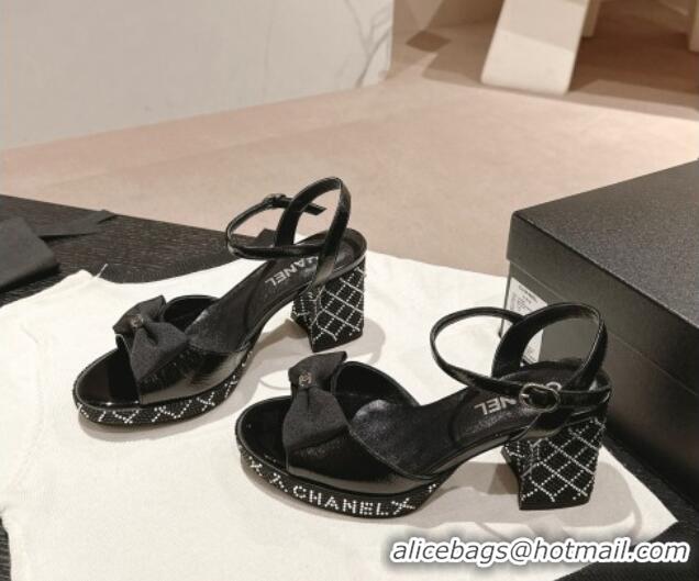 Fashion Chanel Calfskin Heel Sandals 7.5cm with Bow and Quilted Strass Black 603032