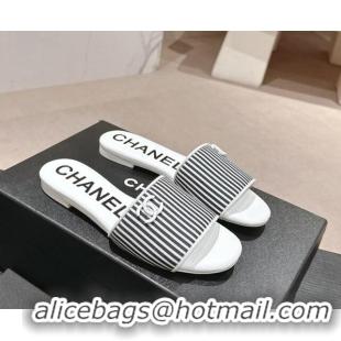 Duplicate Chanel Stripes Embroidered Fabric Flat Slide Sandals Black 603033