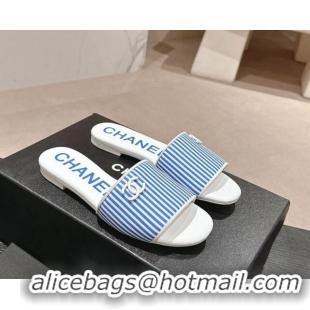 Crafted Chanel Stripes Embroidered Fabric Flat Slide Sandals Blue 603034