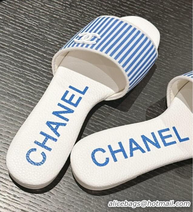 Crafted Chanel Stripes Embroidered Fabric Flat Slide Sandals Blue 603034