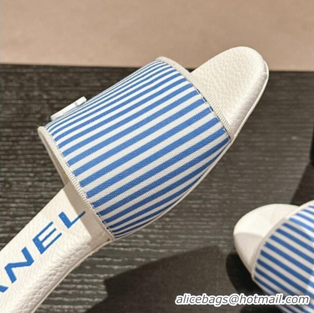 Crafted Chanel Stripes Embroidered Fabric Flat Slide Sandals Blue 603034