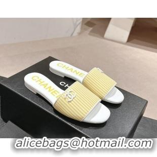 Classic Hot Chanel Stripes Embroidered Fabric Flat Slide Sandals Yellow 603035