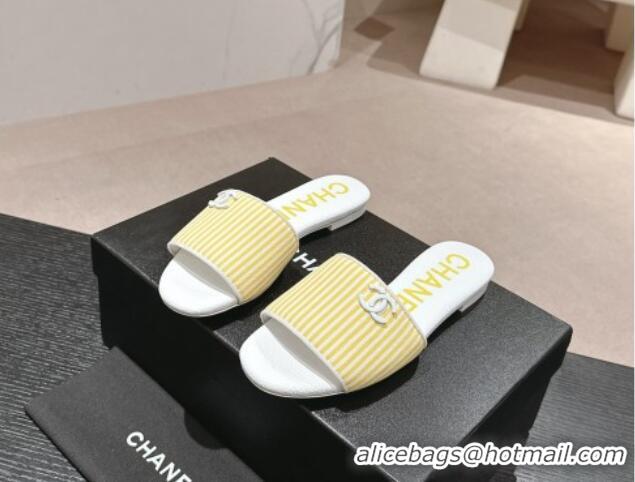 Classic Hot Chanel Stripes Embroidered Fabric Flat Slide Sandals Yellow 603035