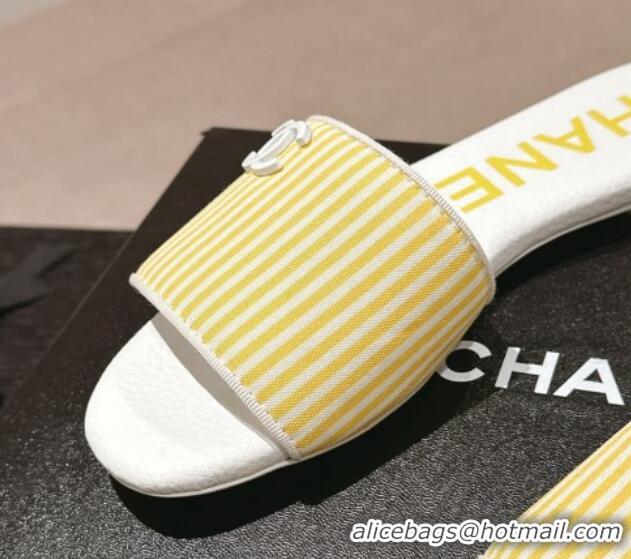 Classic Hot Chanel Stripes Embroidered Fabric Flat Slide Sandals Yellow 603035