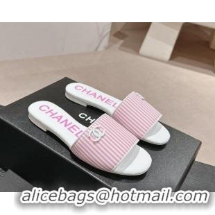 Charming Chanel Stripes Embroidered Fabric Flat Slide Sandals Pink 603036