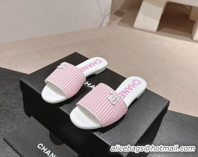 Charming Chanel Stripes Embroidered Fabric Flat Slide Sandals Pink 603036