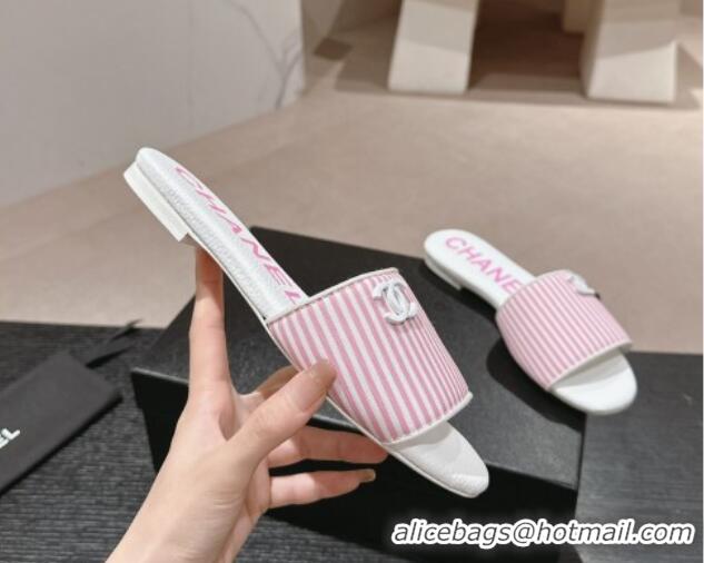 Charming Chanel Stripes Embroidered Fabric Flat Slide Sandals Pink 603036