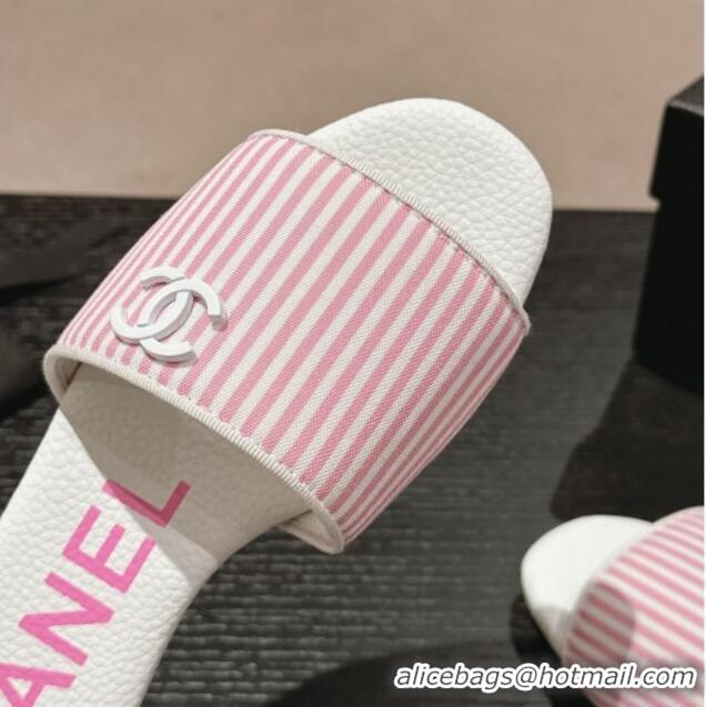 Charming Chanel Stripes Embroidered Fabric Flat Slide Sandals Pink 603036