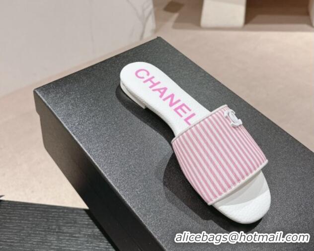 Charming Chanel Stripes Embroidered Fabric Flat Slide Sandals Pink 603036