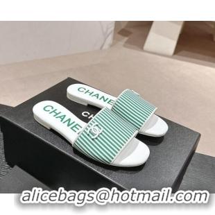 Perfect Chanel Stripes Embroidered Fabric Flat Slide Sandals Green 603037