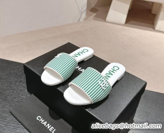 Perfect Chanel Stripes Embroidered Fabric Flat Slide Sandals Green 603037