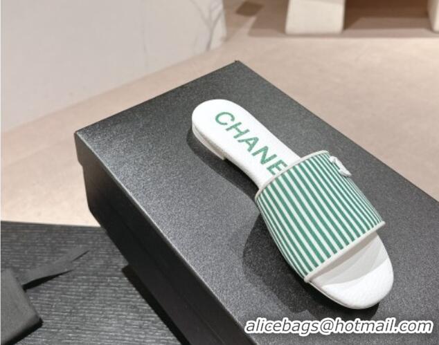 Perfect Chanel Stripes Embroidered Fabric Flat Slide Sandals Green 603037