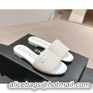 1:1 aaaaa Chanel Stripes Embroidered Fabric Flat Slide Sandals Beige 603038