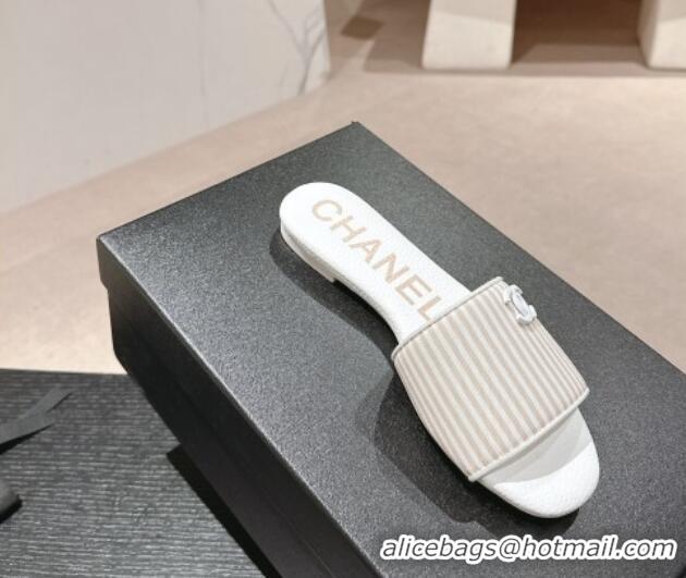 1:1 aaaaa Chanel Stripes Embroidered Fabric Flat Slide Sandals Beige 603038