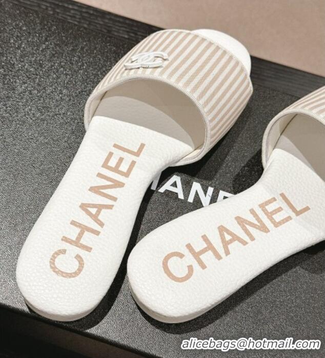 1:1 aaaaa Chanel Stripes Embroidered Fabric Flat Slide Sandals Beige 603038