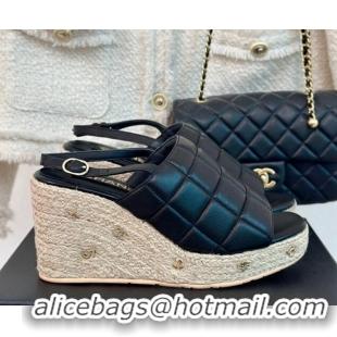 Good Product Chanel Quilted Lambskin Wedge Sandals 8cm with Logo Charm Black 603039