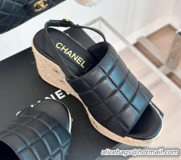 Good Product Chanel Quilted Lambskin Wedge Sandals 8cm with Logo Charm Black 603039