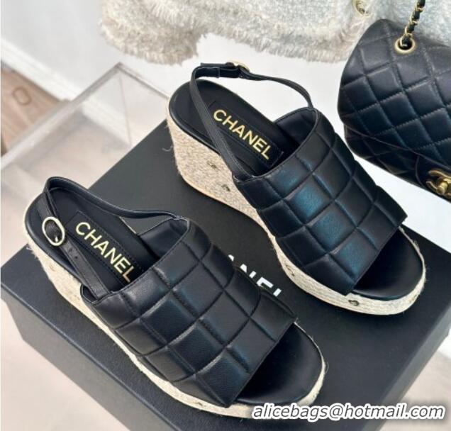 Good Product Chanel Quilted Lambskin Wedge Sandals 8cm with Logo Charm Black 603039