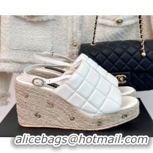 Stylish Chanel Quilted Lambskin Wedge Sandals 8cm with Logo Charm White 603040