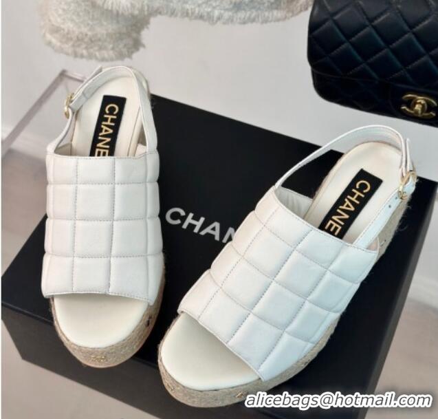 Stylish Chanel Quilted Lambskin Wedge Sandals 8cm with Logo Charm White 603040