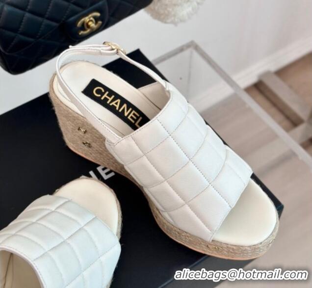 Stylish Chanel Quilted Lambskin Wedge Sandals 8cm with Logo Charm White 603040