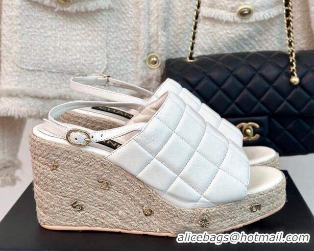 Stylish Chanel Quilted Lambskin Wedge Sandals 8cm with Logo Charm White 603040