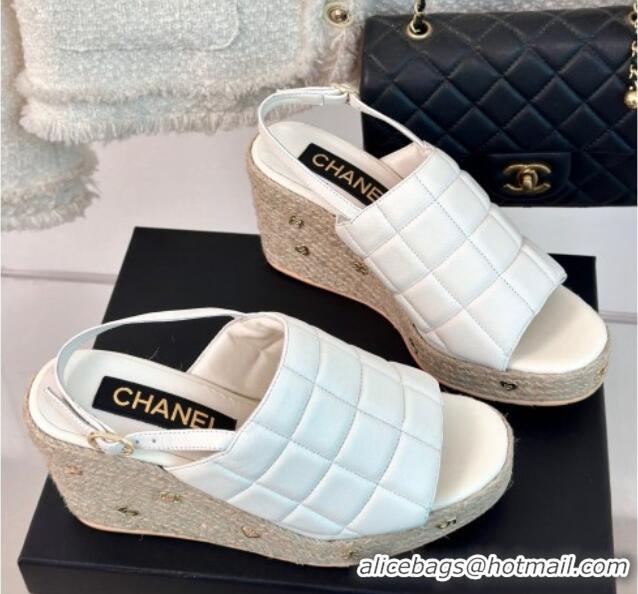 Stylish Chanel Quilted Lambskin Wedge Sandals 8cm with Logo Charm White 603040