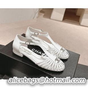 Best Grade Chanel Lambskin Roman Flat Sandals White 603046