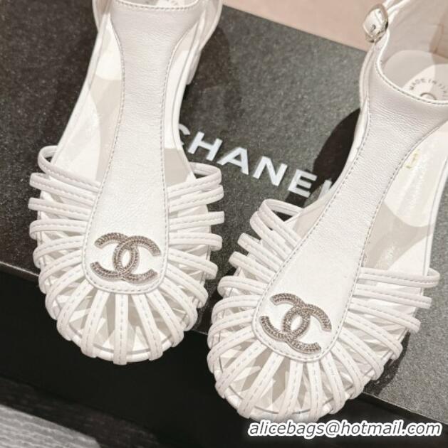 Best Grade Chanel Lambskin Roman Flat Sandals White 603046