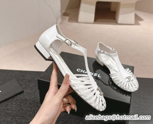 Best Grade Chanel Lambskin Roman Flat Sandals White 603046