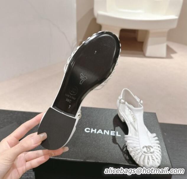 Best Grade Chanel Lambskin Roman Flat Sandals White 603046