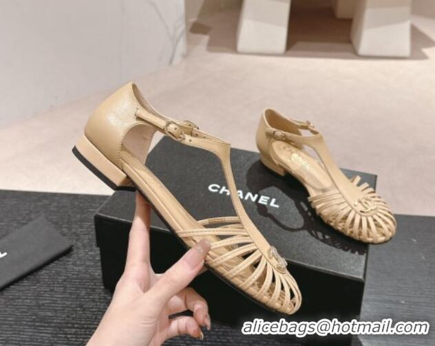 Lower Price Chanel Lambskin Roman Flat Sandals Beige 603047