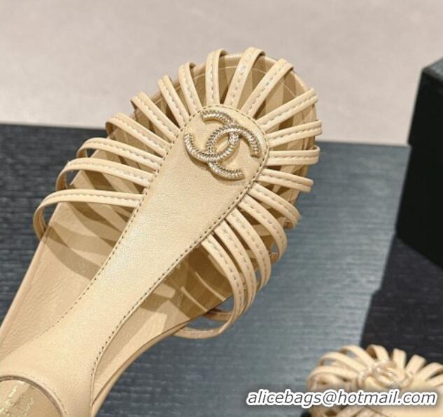 Lower Price Chanel Lambskin Roman Flat Sandals Beige 603047