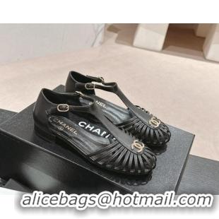 Luxurious Chanel Lambskin Roman Flat Sandals Black 603048