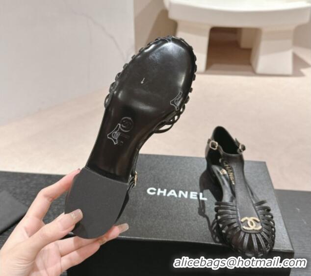 Luxurious Chanel Lambskin Roman Flat Sandals Black 603048