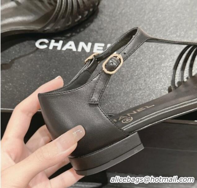 Luxurious Chanel Lambskin Roman Flat Sandals Black 603048