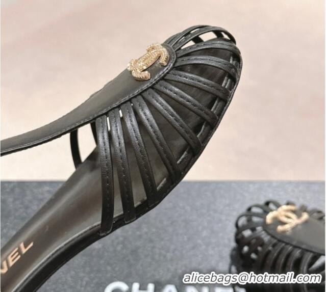 Luxurious Chanel Lambskin Roman Flat Sandals Black 603048