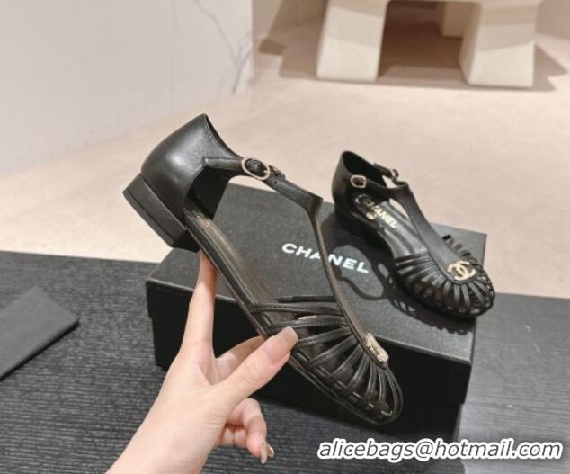 Luxurious Chanel Lambskin Roman Flat Sandals Black 603048